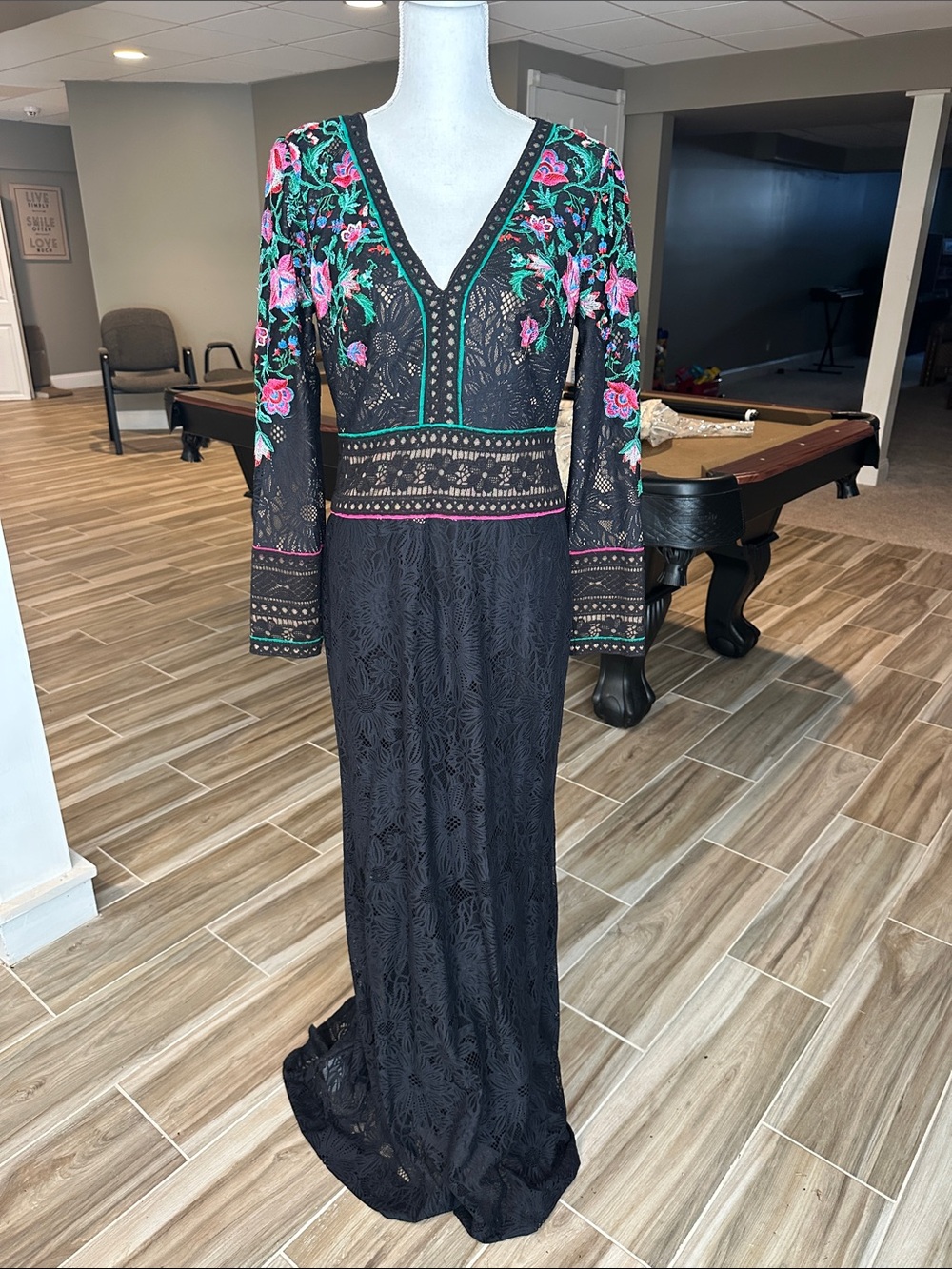 Tadashi Shoji Black Lace Maxi Dress with Pink & Green Floral Embroidery